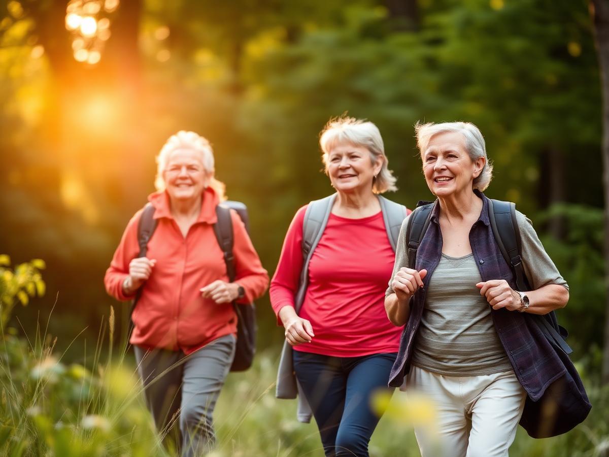Active mature adults hiking outdoors